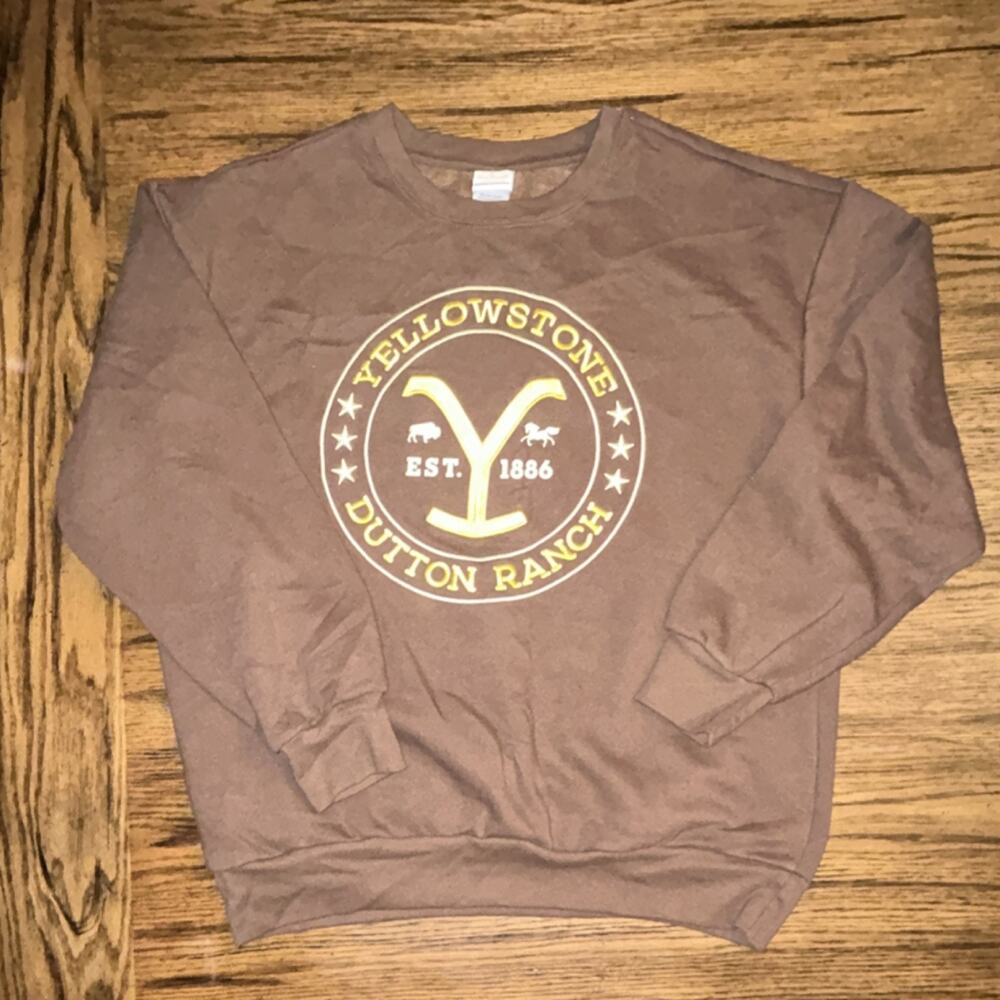 Yellowstone Dutton Ranch Logo Brown Graphic Crewneck Fleece Sweatshirt Large